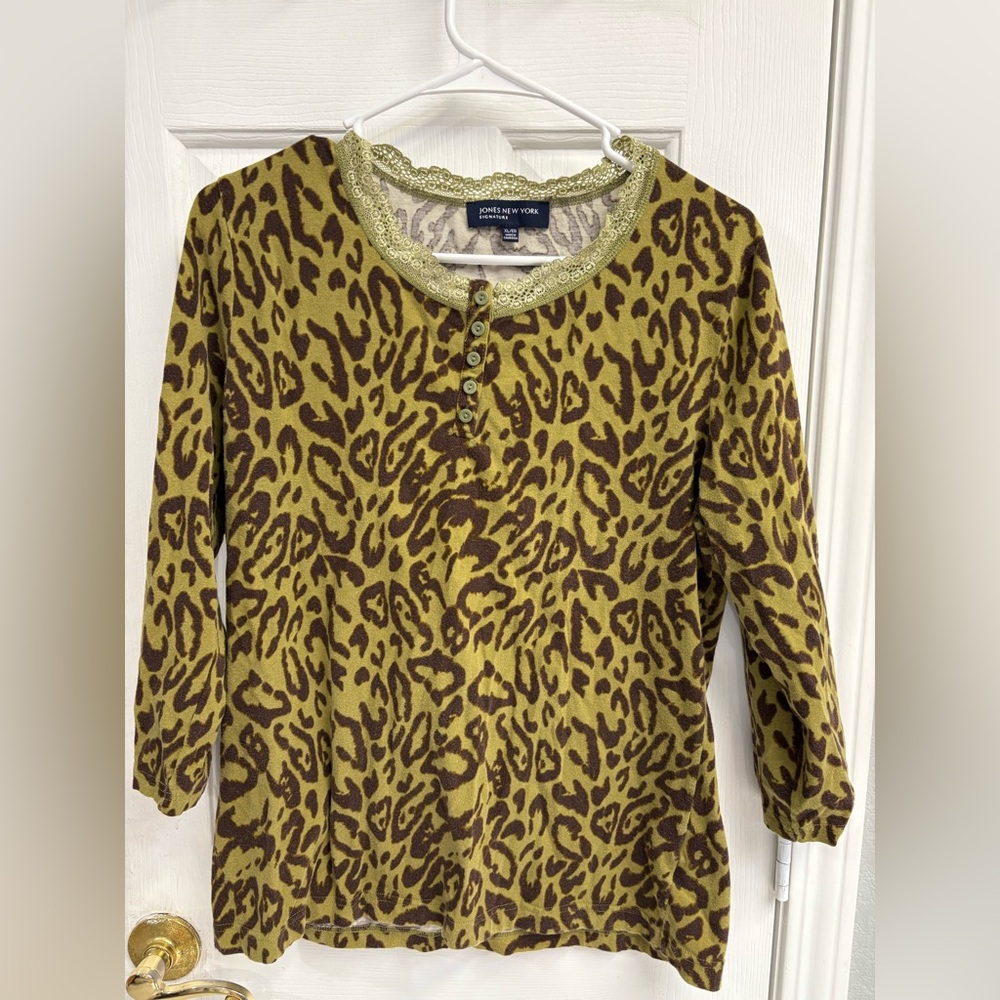 Jones New York Animal Print Blouse - Olive and Brown